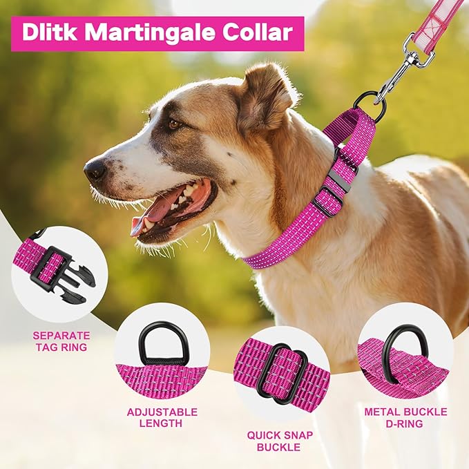Martingale Dog Collars, Adjustable Reflective Nylon Dog Collar for Training Dogs, No Pull Dog Choker Collar for Medium Large Dogs (L, Hot Pink)