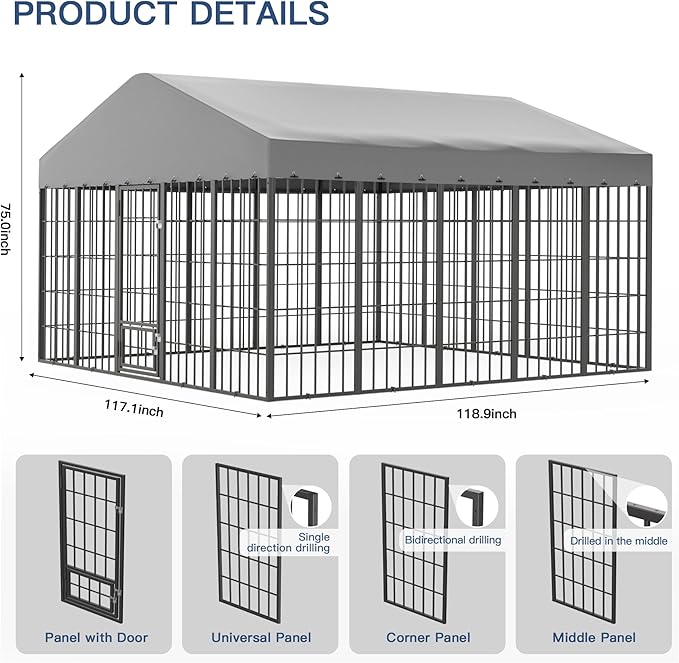 Kullavik 10x10x6 FT Large Outdoor Dog Kennel,Anti-Rust Galvanized Steel Dog Pen with Feeding Door & Double Locks,Heavy Duty Dog Enclosure Fence with UV-Resistant Waterproof Cover for Outside