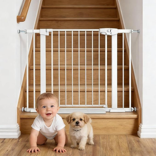 Easy Step Walk-Thru Baby Gate – Adjustable Safety Gate for Babies & Pets, Pressure Mount Kit, Includes Wall Cups – 29.7-40.5W x 30.5H, Auto-Close White