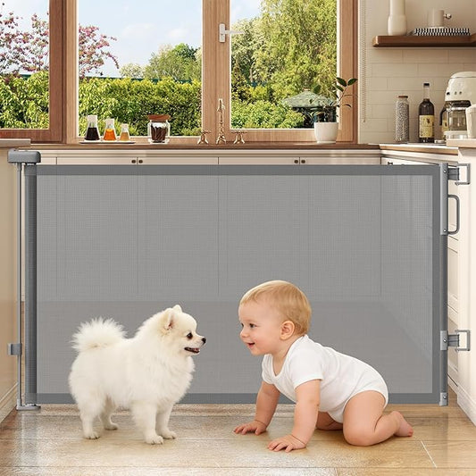 Retractable Baby Gates for Doorways, 58" Extra Wide Mesh Child Dog Gate for Stairs, 34" Tall Toddler Pet Gate Indoor and Outdoor, Easy Install, Essential for Home Safety, Gray
