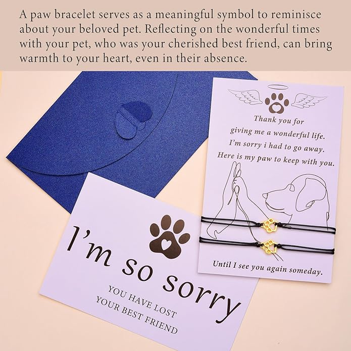 OOW Pet Memorial Gifts for Loss of Dog, Gold Paw Print Bracelets (2 Pack) for Beloved Cat, Loss of Dog Sympathy Gift, Thoughtful Dogs Remembrance, Bereavement Gifts