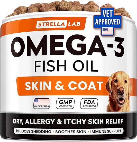 STRELLALAB Omega 3 for Dogs - (180Ct) Fish Oil Treats - Allergy & Itch Relief Skin & Coat Supplement - Dry Itchy Skin, Anti Shedding & Hot Spots Treatment - Pet Salmon Oil Chews - Chicken Flavor