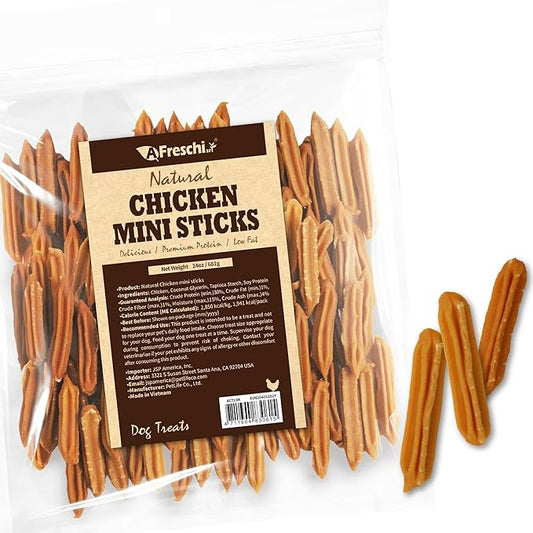 A Freschi srl Chicken Dog Treats, All Natural, Healthy & Easily Digestible, Grain-Free Puppy Chews, Low-Fat, Human Grade Training & Rewards Dog Snacks, Mini Sticks, 24 oz Pack