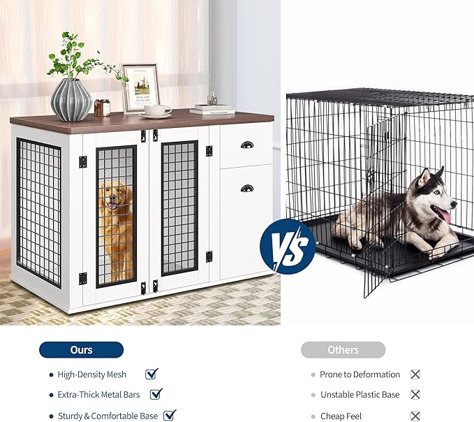Dog Crate Furniture, Pet Kennel for Small to Medium Dogs, White Wooden Pet House with Drawers and Side Cabinets, Multi-Functional Dog Cage for Indoor Use