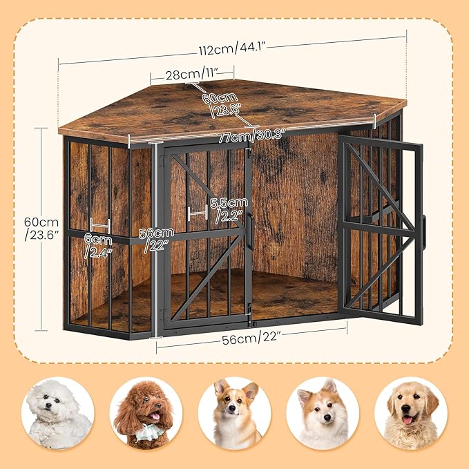 44" Corner Dog Crate Furniture, Corner Dog Kennel Furniture with X-Design Metal Frame, Corner Dog Crate TV Stand for Medium Dogs, Pet Crates Corner End Table, Rustic Brown and Black TGW03BF