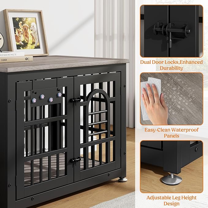 Lulive Dog Crate Furniture 31.5" Wooden Dog Kennel Table with Bowls Heavy Duty Dog Crates for Small/Medium/Large Dogs, Dog Kennel Furniture Indoor as TV Stand End Table,Grey