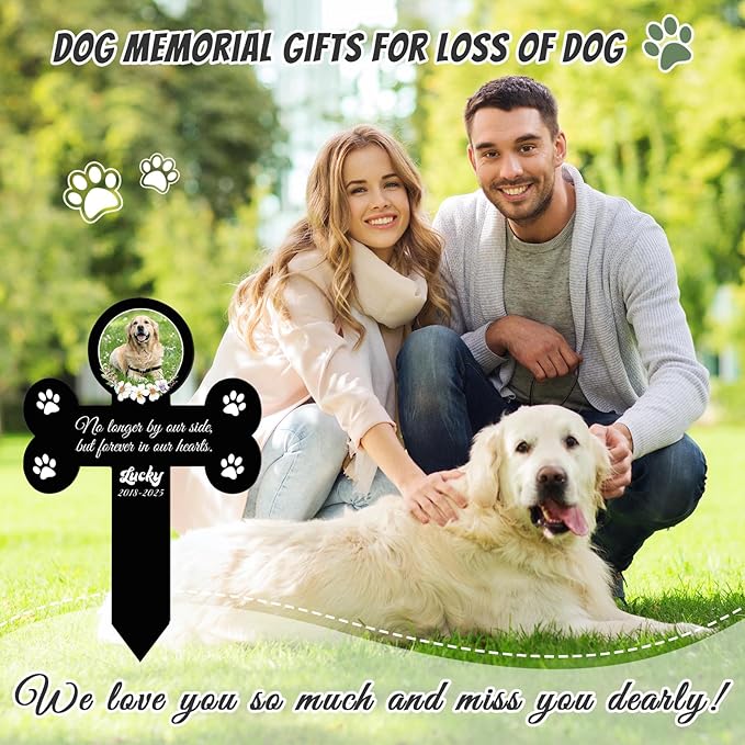 Custom Pet Grave Markers Dog Outdoor, Personalized Pet Cross Grave Marker with Name and Date, Weatherproof Dog Headstone for Graves Outdoor Garden Yard, Pet Tombstones Sympathy Gift for Pet Loss