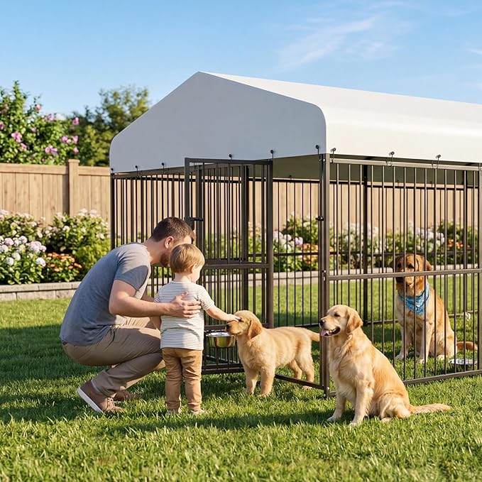 Garvee Dog Kennel Outdoor with Waterproof Canopy, Large Dog House with Feeding Doors, Large Dog Kennel Outdoor for Garden Backyard Courtyard（10×15×7FT）