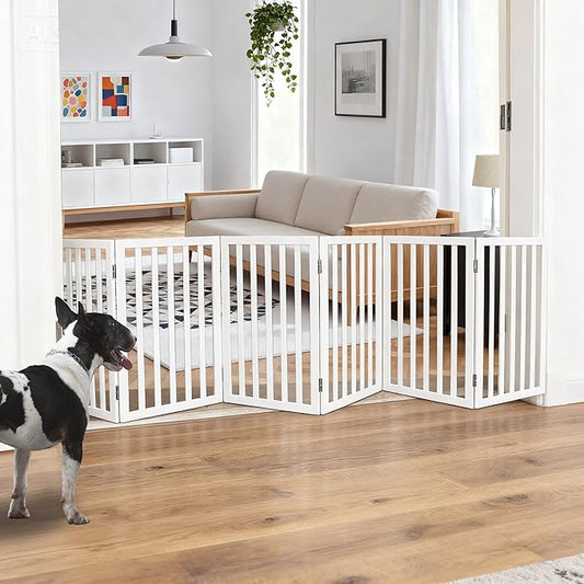 ZJSF Freestanding Indoor Dog Gate for House Foldable Wood White Puppy Gate for Doorways Pet Gate for Stairs Extra Wide Pet Fence 32" Height 6 Panels