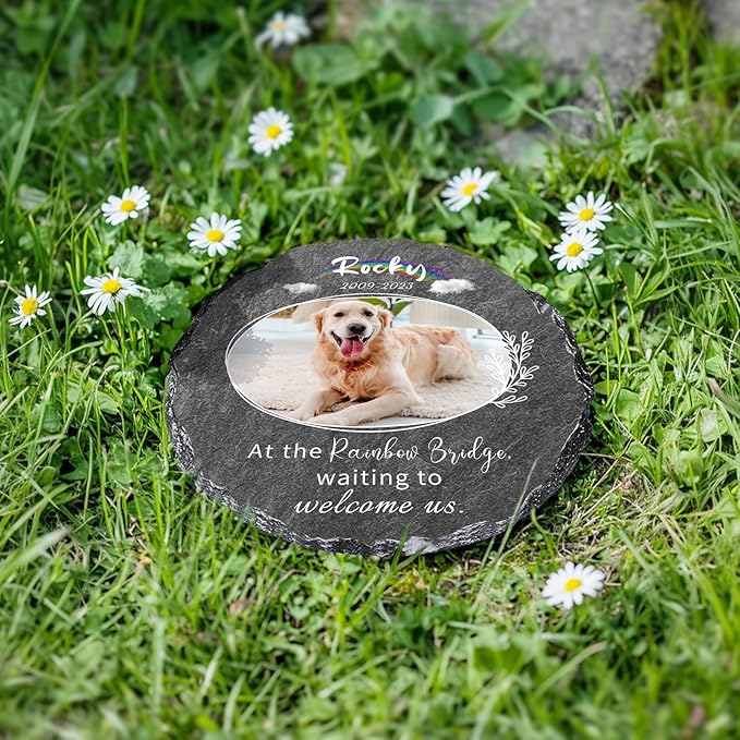 Custom Pet Memorial Stones for Dog, Personalized Memorial Plaques with Picture & Text, Round Shaped Dogs Grave Marker, B7-Round