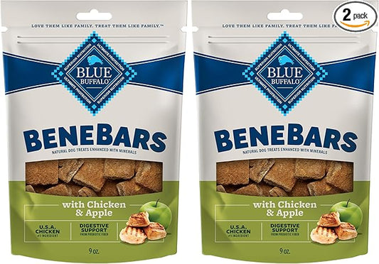 Blue Buffalo BeneBars Digestive Support Dog Treats with Prebiotic Fiber,Made with Natural Ingredients,USA Chicken & Apple,9-oz Bag,(Pack of 2)