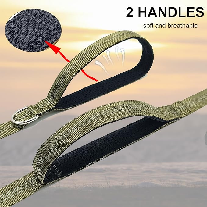 5FT Double Handle Tactical Dog Leash with Shock Absorption, Reflective Heavy Duty Bungee Dog Leash for Medium Large Pull Dogs Walking Training, Army Green