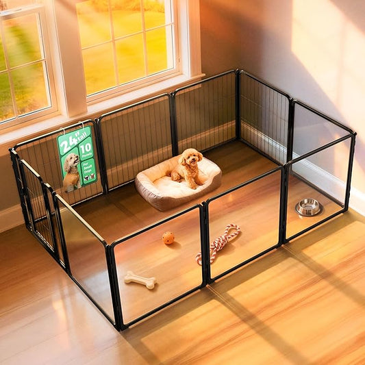 FXW AuraSpace Pro Acrylic & Wire Mesh Indoor Dog Playpen, 24" Height 10 Panels Metal Dog Pen for Puppies & Small Dogs, Black│Patented