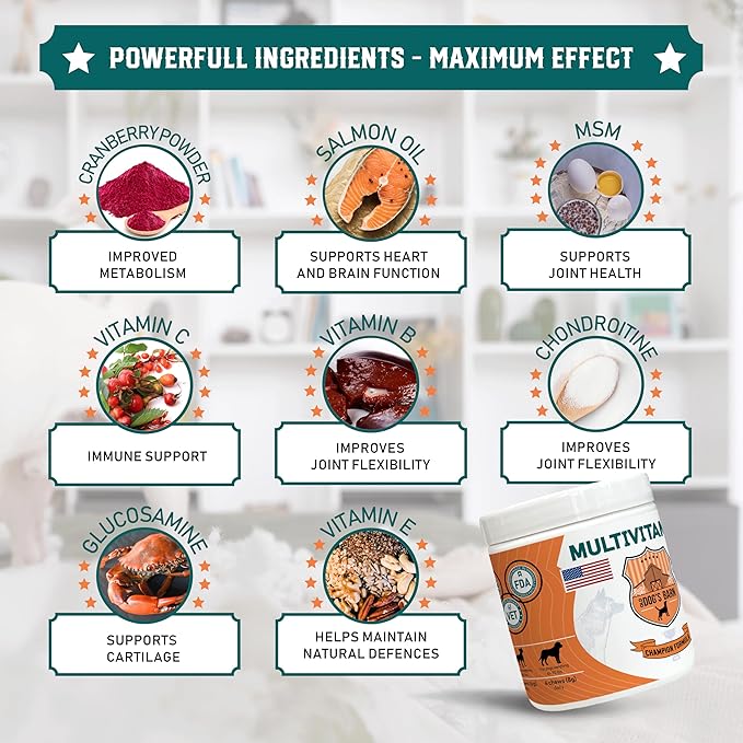 Old Dog's Barn Multivitamins 19 in 1 for Dogs – Glucosamine, Salmon Oil, Cranberry Powder, Hemp Seed Oil (Omega 6), MSM, Chondroitin, Vitamin C, Probiotics, Zinc & Folic Acid 120 Soft Chews