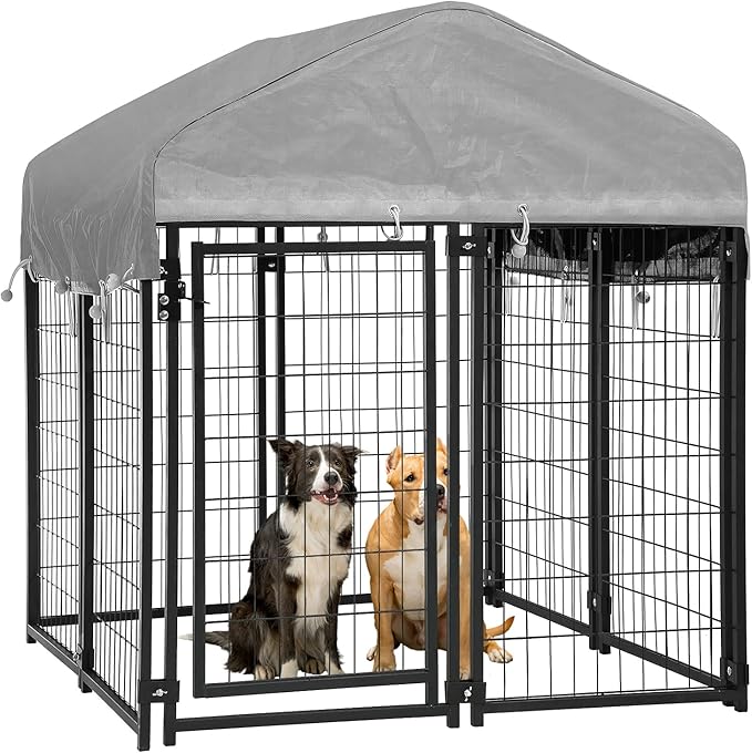 Large Dog Kennel Dog Crate Cage, Extra Large Welded Wire Pet Playpen with UV Protection Waterproof Cover and Roof Outdoor Heavy Duty Galvanized Metal Animal Pet Enclosure for Outside, 4 x 4 x 4.3 Feet
