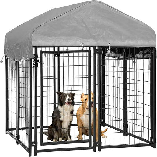 Large Dog Kennel Dog Crate Cage, Extra Large Welded Wire Pet Playpen with UV Protection Waterproof Cover and Roof Outdoor Heavy Duty Galvanized Metal Animal Pet Enclosure for Outside, 4 x 4 x 4.3 Feet