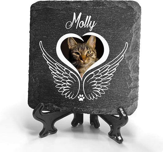 Personalized Individual Square Memorial Plaque + Stand for Pet Cat Dog Slate Stone Frame Paw Grave Marker - Size 3.94" x 3.94" or 100 x 100 mm - Angel Wings