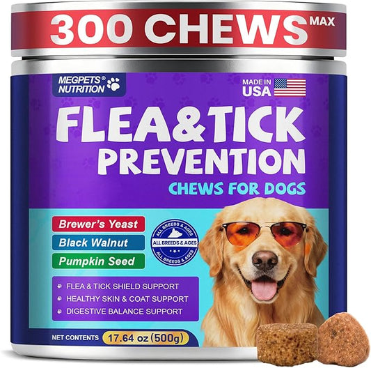 Flea and Tick Support for Dogs Chewable, 300 Soft Chews, Skin & Coat Support, Digestive Support, Chicken Flavor, All Breeds & Sizes