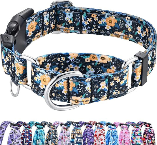 Reflective Martingale Dog Collar with Buckle Soft Nylon Floral No Slip Dog Collars for Large Dogs (Black Orange Flowers, L)