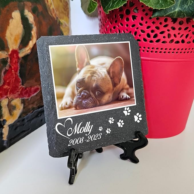 Personalized Individual Square Memorial Plaque + Stand for Pet Cat Dog Slate Stone Frame Paw Grave Marker - Size 3.94" x 3.94" or 100 x 100 mm - Photo and Paw Print