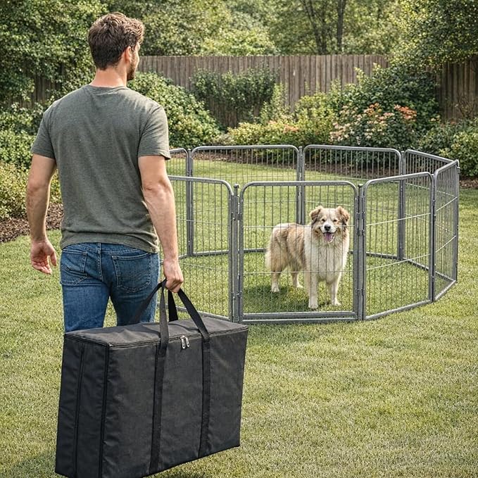 Dog Playpen w/Carrying Case for Indoor or Outdoor Use – 32 Inch, 16 Grey Panels - Portable Metal Exercise Pen for Small & Medium Dogs - Pet Fence Kennel Crate for House, RV, or Travel