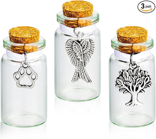 Pet Memorial Urns Small Glass Jars for Ashes or Hair Cat Keepsake Memorial Urns Teeth Keepsake Loss of Dog Sympathy Gift (3 Pack)