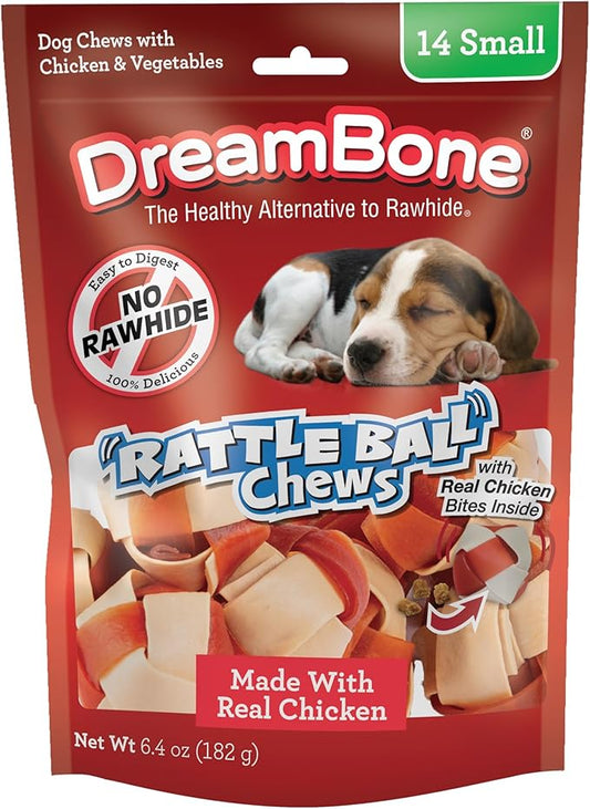 DreamBone RattleBall Small Chews 14 Count, Rawhide-Free Chews For Dogs, With Real Chicken Treats Inside