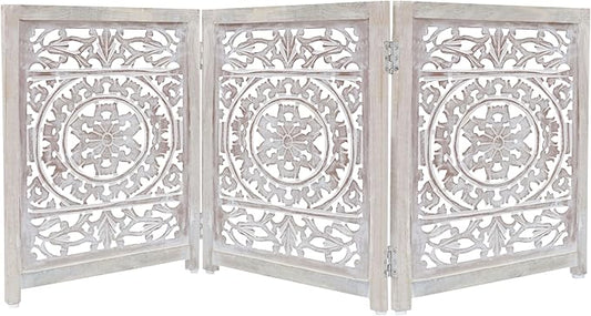 Wooden Foldable Pet Dog Safety Gate - 3 Panel 20" W x 24" H - Hand Carved Suzani Free Standing Portable Indoor Puppy Gate - Doorway Hall Stairs Dog Fence - Assembled - White Wash - IRONGATE