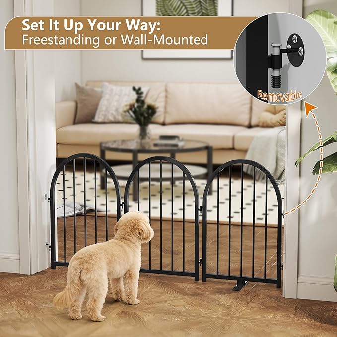 Full Metal Dog Gate with Door for Indoor Outdoor, 24" Tall Free Standing Pet Dog Fence, 108" Extra Wide Pet Gates for Stairs, Hallways, Doorways, Kitchen, Decks, Yards (Black, 6 Panels)