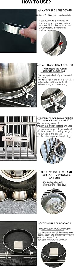 Water Bowl for Dogs No Spilling Large Dogs Crate Stainless Steel Hanging Food Bowls with L-Shaped Feeder for Kennel, L(2200ml/74oz)
