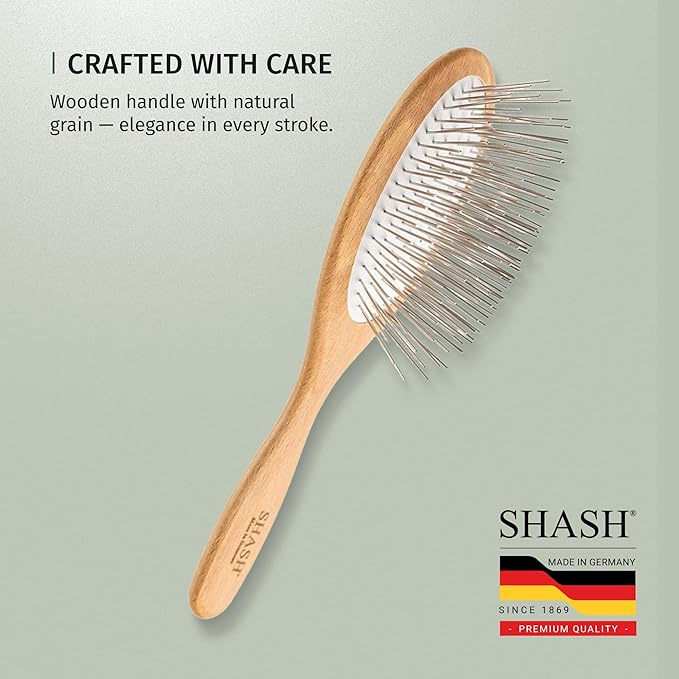 Since 1869 Hand Made In Germany - SHASH Oval Pet Brush With Long Metal Pins With Rubber Cushion - Helps Detangle Knots, Eliminate Frizz, Reduce Pulling & Snagging