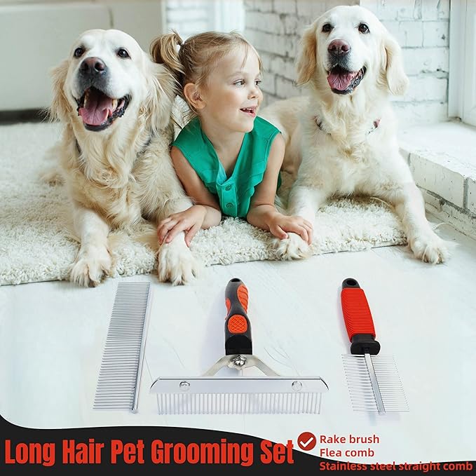 3-Pack Long-Tooth Pet Brush Set - Dog Rake Brush & Steel Shedding Comb & Double-Sided Teech Comb for Double Coat Large Dogs, Horses