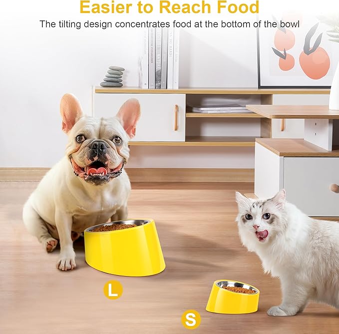 Tilted Dog Bowl Non-Slip & Non-Spill Pet Feeder with Elevated Detachable Melamine Stand, Easy to Get Food Dog Dish, M/180ml Yellow