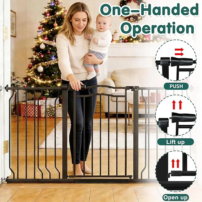 29.53"-33.85" Mornyray Auto-Close Baby Gate Extra Wide, Pressure Mounted Dog & Pet Gate for Stairs Doorways, No Drill Safety Barrier with Lace Design, Metal Child Proof Gate Indoor Outdoor, Black
