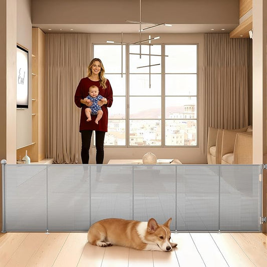 Retractable Baby Gate for Stairs, 42" Tall X 150" Wide Mesh Dog Gate Indoor, Child Gate for Doorways, Hallways, Deck, Indoor Outdoor Pet Baby Safety Essentials for Home, Gray