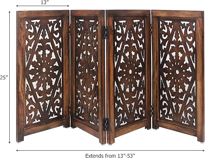 Wooden Foldable Dog Safety Gate - 4 Panels 13" W x 25" H - Hand Carved Solid Wood MDF Puppy Pet Gate - Free Standing Portable Indoor Doorway Stairs Safety Fence - Assembled - Antique Brown - IRONGATE