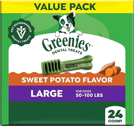 Greenies Dog Treats, Veterinarian-Recommended Natural Dental Dog Treats, Large Size, Sweet Potato Flavor, 36 oz. Pack, 24 Count