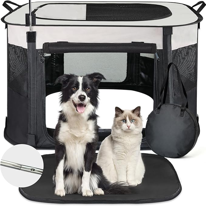 NEZUC Dog Playpen,Pet Playpen,Foldable Cage Kennel for Small Dog Cat,Waterproof Exercise Pen Crate with Removable Bottom,Indoor Outdoor Travel Use with Carrying Case (Black, Medium(32''×26''×22''))