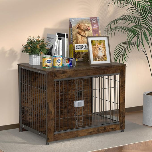 Furniture Style Dog Crate, 32" Wooden Dog Kennel End Table with Solid Top, Indoor Pet Crate House with Secure Slide Lock, Modern Dog Cage Furniture for Small & Medium Dogs, Aged Black