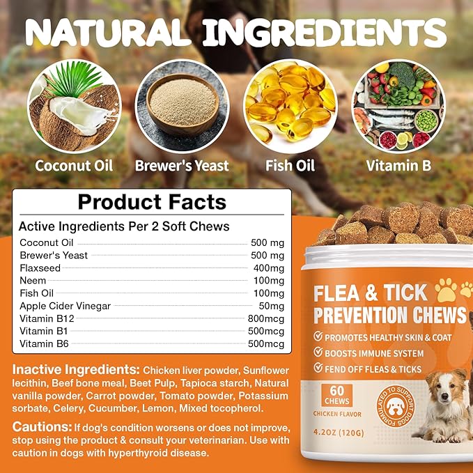 Flea and Tick Prevention for Dogs Chewables - Natural Dog Flea and Tick Treatment Chewable - Oral Flea Supplement for Dogs - Puppy Flea Support - All Breeds & Ages - 60 Soft Chews