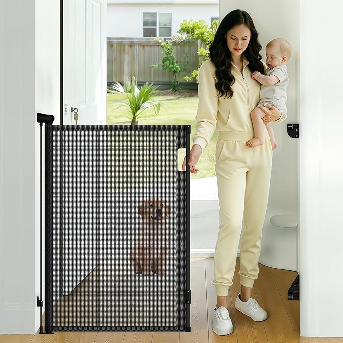 Retractable Baby Gate, 38" Extra Tall Mesh Dog Gate with Auto-Tension Design, 71" Wide One-Hand Operation Doorway Gates for Pets & Babies, No Bottom Rail Safety Gate for Hallways, Black