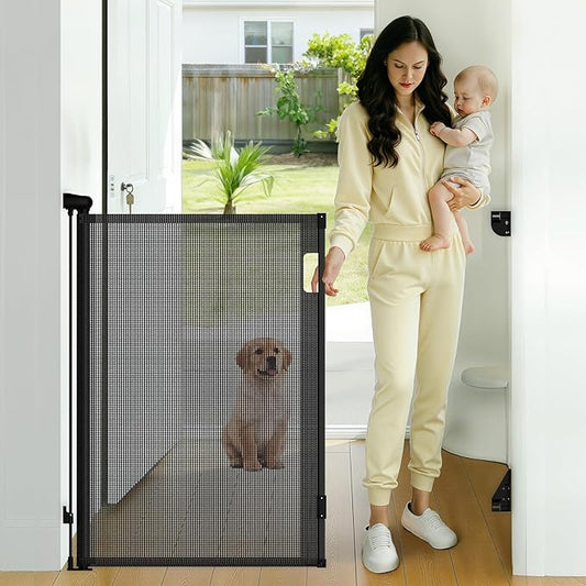 Retractable Baby Gate, 38" Extra Tall Mesh Dog Gate with Auto-Tension Design, 71" Wide One-Hand Operation Doorway Gates for Pets & Babies, No Bottom Rail Safety Gate for Hallways, Black