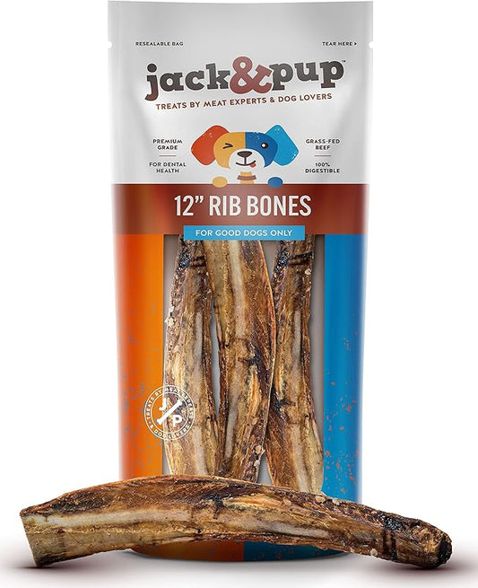 Jack&Pup 12" Rib Bones for Dogs (3 Pack), All Natural Dog Beef Bones, Single Ingredient Bone Marrow, Real Bone for Dogs