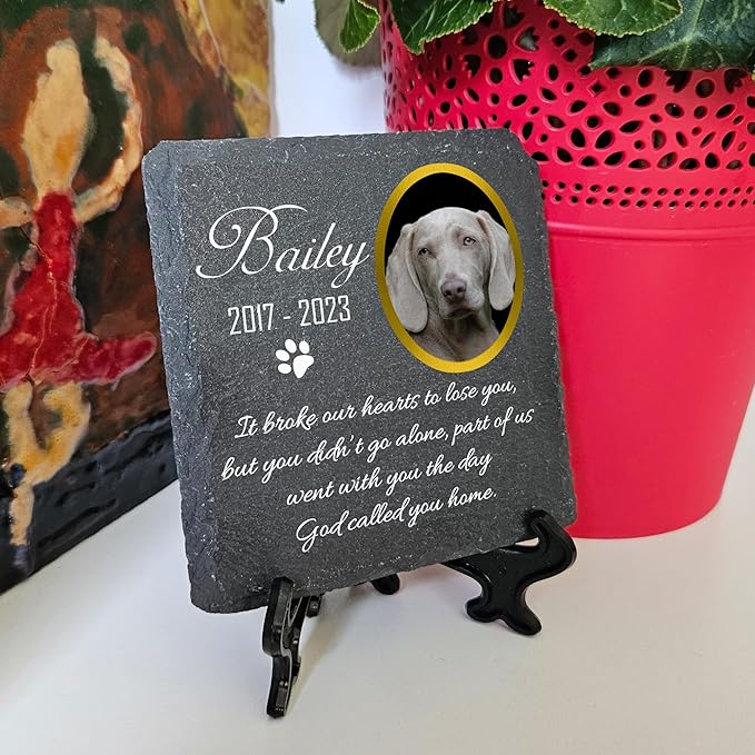 Personalized Individual Square Memorial Plaque + Stand for Pet Cat Dog Slate Stone Frame Paw Grave Marker - Size 3.94" x 3.94" or 100 x 100 mm - Photo