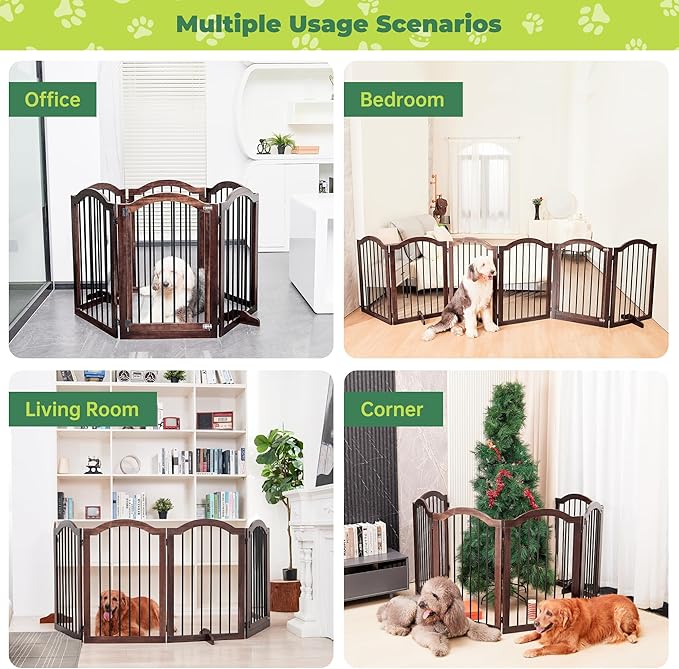 PrimeZone 144" Extra Wide Dog Gate - 6-Panel 30" Tall Solid Acacia Wooden Freestanding Puppy Gates with Door, Foldable Indoor Pet Fence for Doorways, Stairs, Support Feet Included, Brown