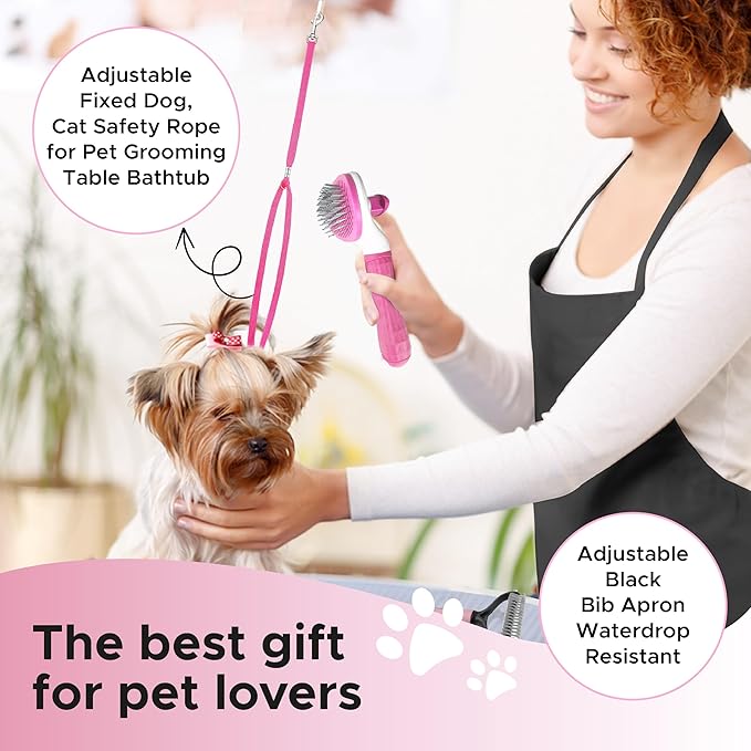 Pet Grooming Kit with Brushes, Grooming Loop Leash, Apron, Dematting Comb, Slicker Brush, Dog Bath Brush - Blue - For Short Haired Dogs