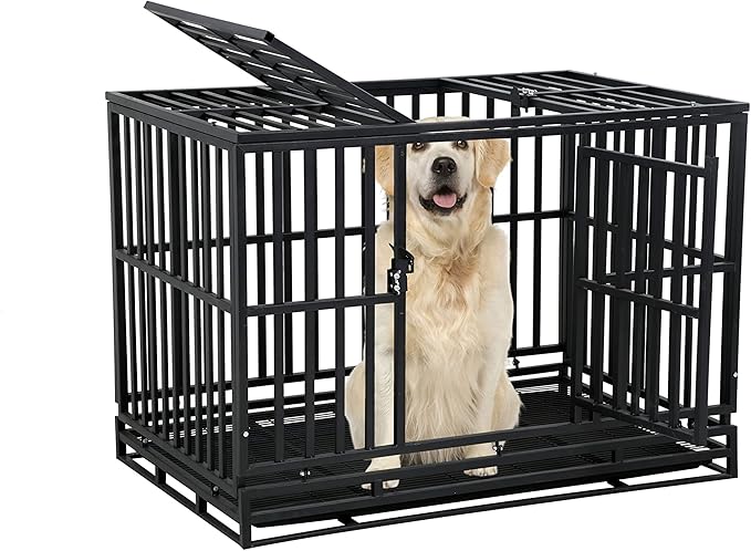 48'' Heavy Duty Dog Crate for Medium and Large Dogs Thickened Metal Dog Cage with Wheels, Double Doors & Locks Design Escape Proof, Indoor Large Dog Crate Heavy Duty Stackable Dog Kennel with Tray