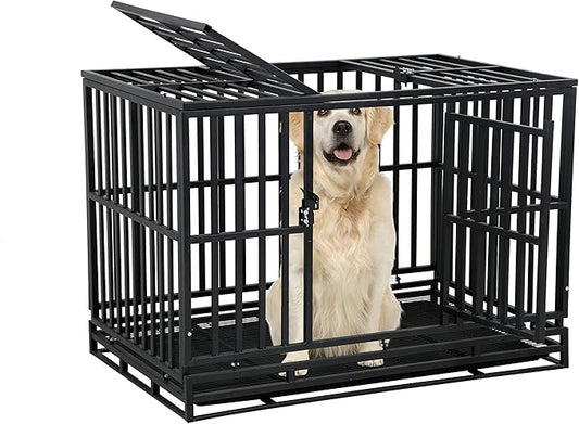 48'' Heavy Duty Dog Crate for Medium and Large Dogs Thickened Metal Dog Cage with Wheels, Double Doors & Locks Design Escape Proof, Indoor Large Dog Crate Heavy Duty Stackable Dog Kennel with Tray