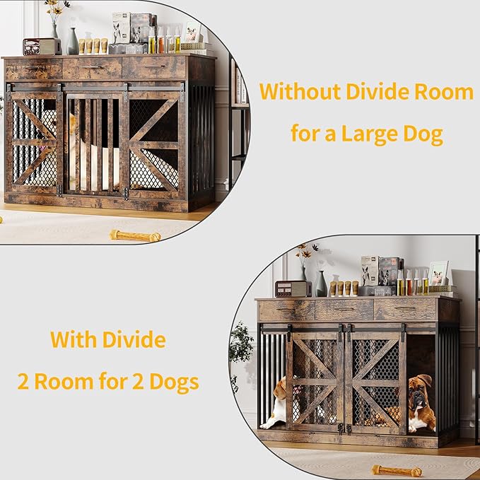 48'' Dog Crate Furniture with Divider&Storage Drawers, Wooden Double Dog Kennel Furniture End Table with Sliding Barn Doors, White Double Dog Crate TV Stand