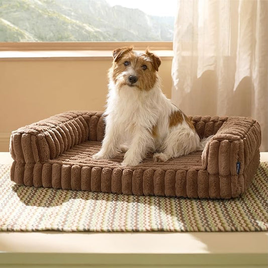 Bedsure ComfyFleece™ Orthopedic Dog Bed for Medium Dogs, Waterproof Memory Foam Medium Pet Beds with Sides, Non-Slip Bottom and Egg-Crate Foam Dog Couch Sofa with Washable Corduroy Cover, Brown